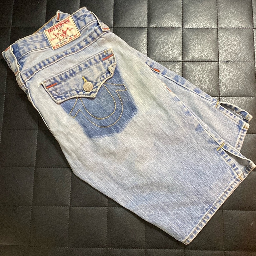 True Religion Blue Denim Jean shorts with Orange Stitching